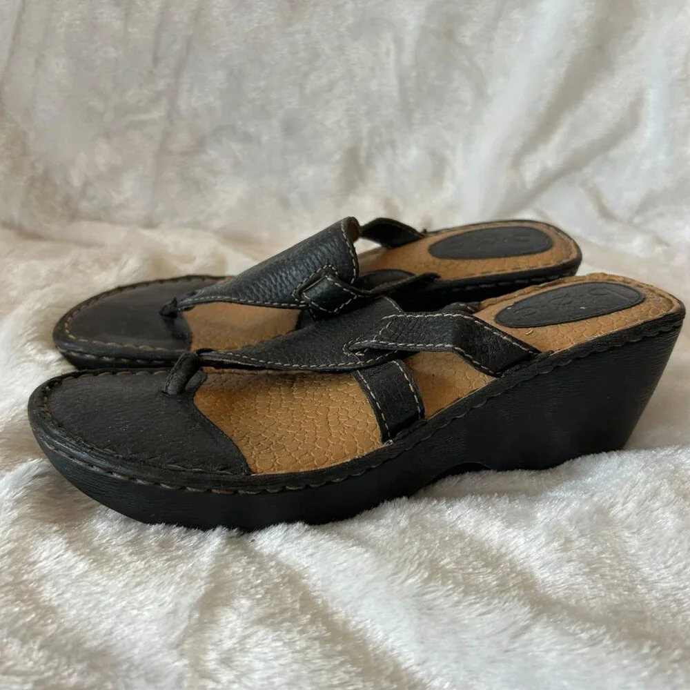 BOC Wedge‎ Sandals Womens Size 39 Black Thong Leather Boho Cottagecore
